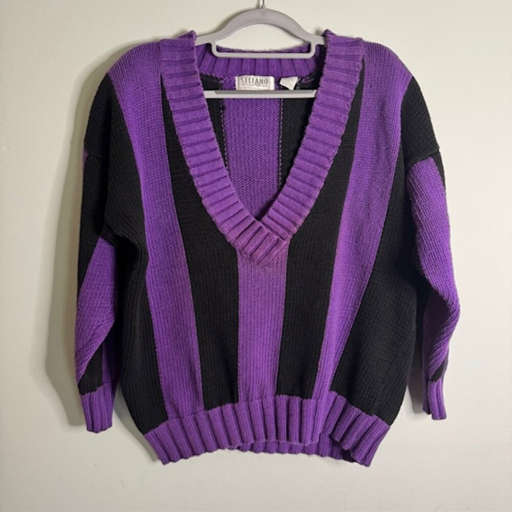 Vintage Stefano 90's y2k Deep V-Neck Purple and Black Sweater Size Large